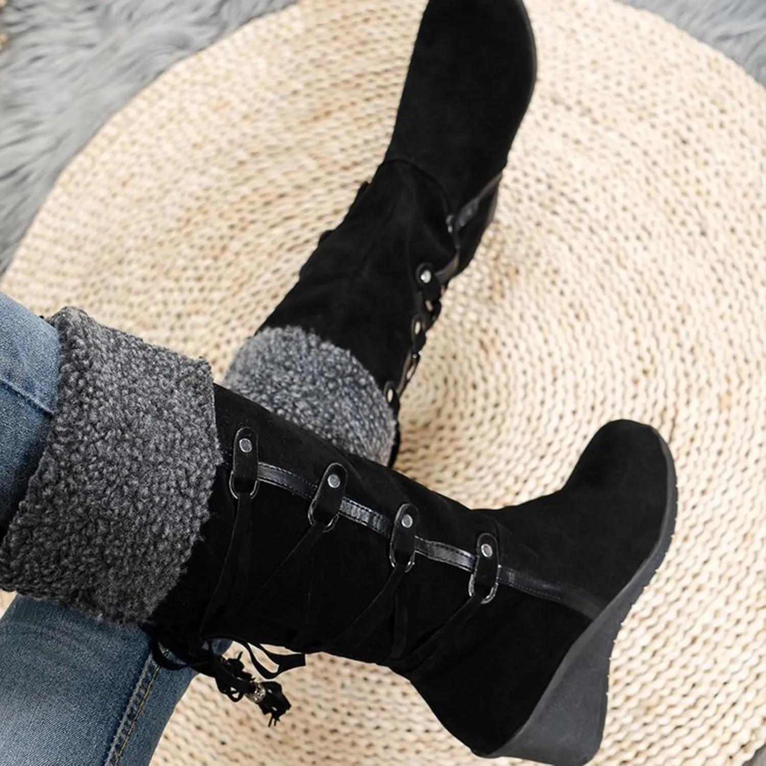 Women's Wedge Snow Boots Water Proof Insulated Winter Boots Fashion Lace Up Furry Boots Casual Mid Calf Boot