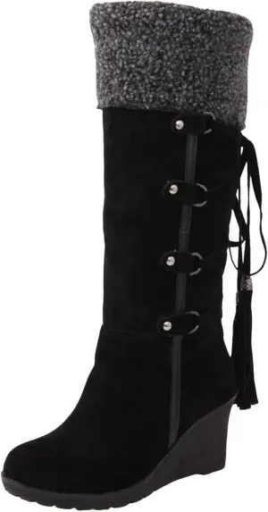 Women's Wedge Snow Boots Water Proof Insulated Winter Boots Fashion Lace Up Furry Boots Casual Mid Calf Boot