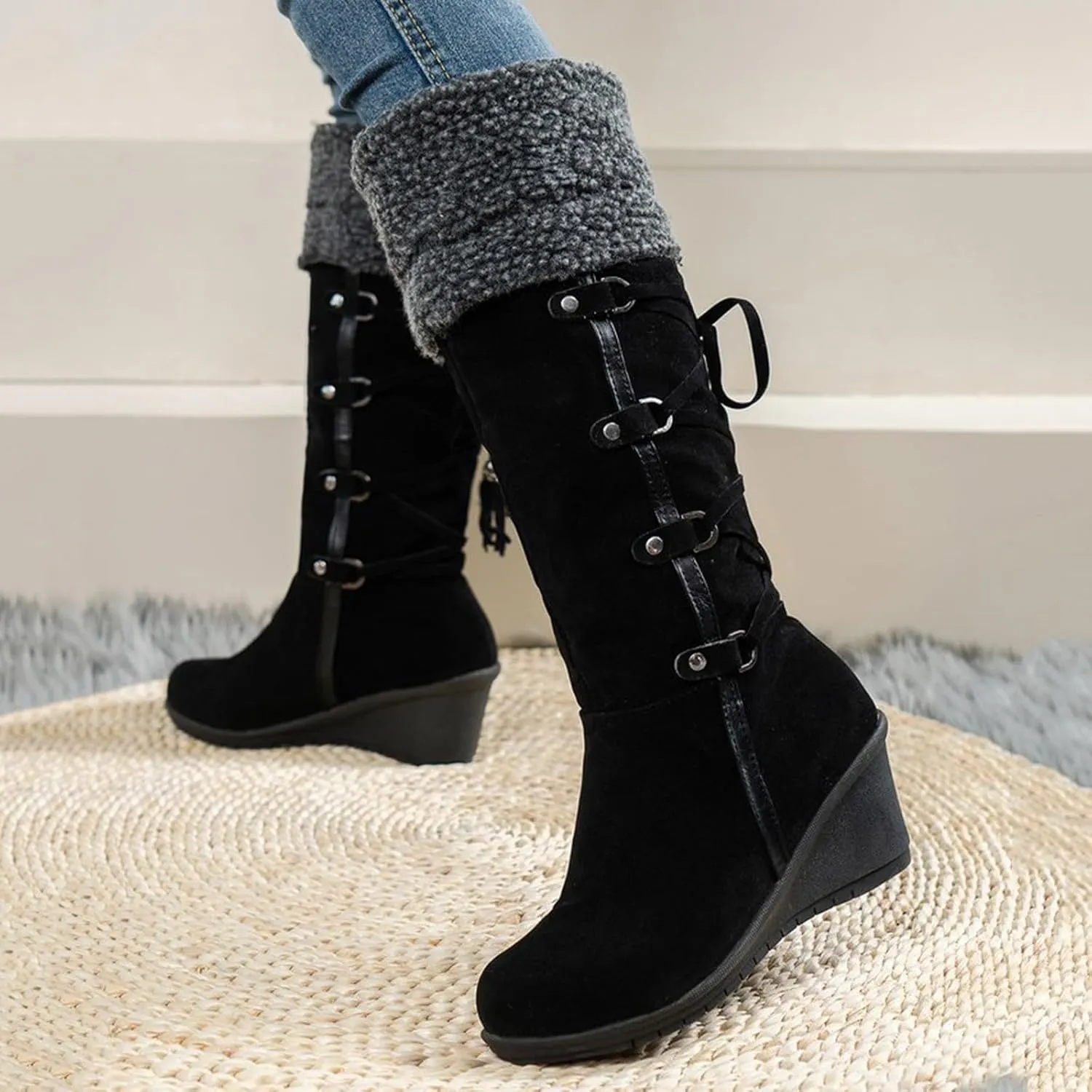 Women's Wedge Snow Boots Water Proof Insulated Winter Boots Fashion Lace Up Furry Boots Casual Mid Calf Boot