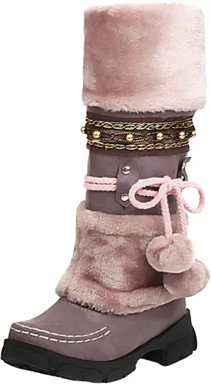 Women's Winter Boots Fleece Lined Warm Snow Boots Middle Heel Non Slip Mid Calf Boots Stylish Winter Boots