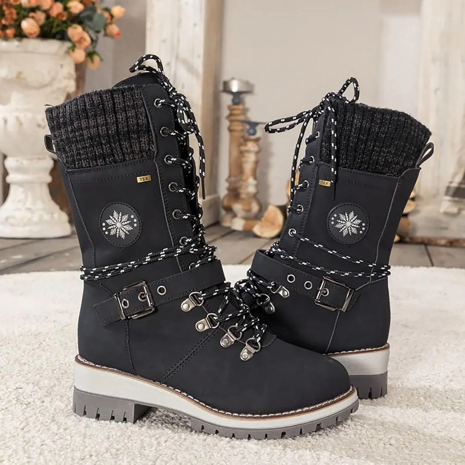 Women's Winter Warm Boots Fashion Belt Square Heel Snow Boots Lace Up Mid Tube Boots Wide Calf Boots for Women