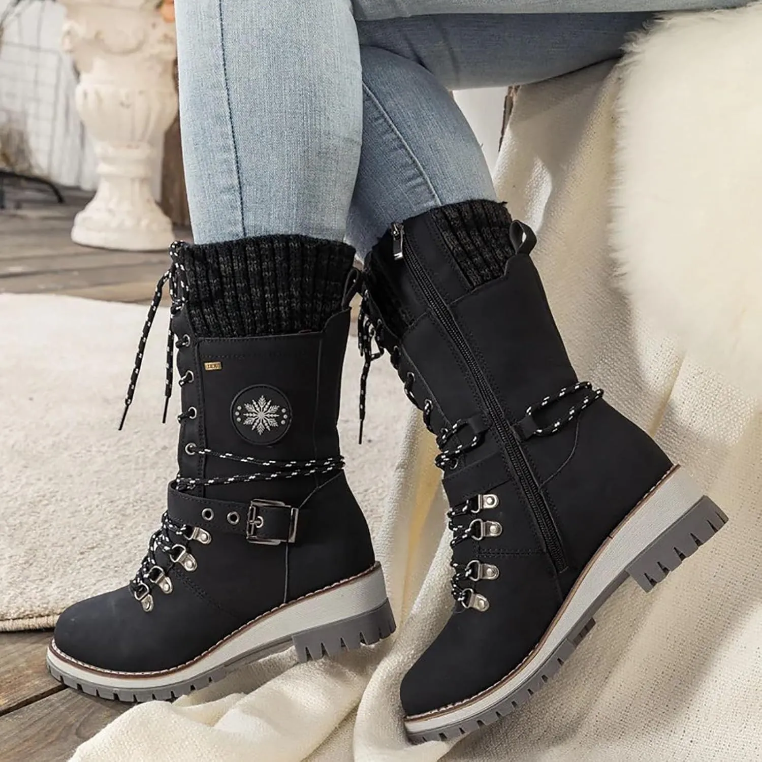 Women's Winter Warm Boots Fashion Belt Square Heel Snow Boots Lace Up Mid Tube Boots Wide Calf Boots for Women