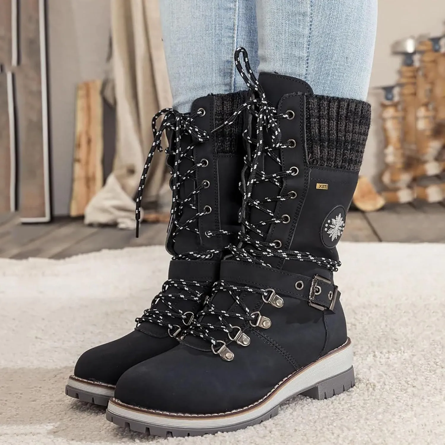 Women's Winter Warm Boots Fashion Belt Square Heel Snow Boots Lace Up Mid Tube Boots Wide Calf Boots for Women