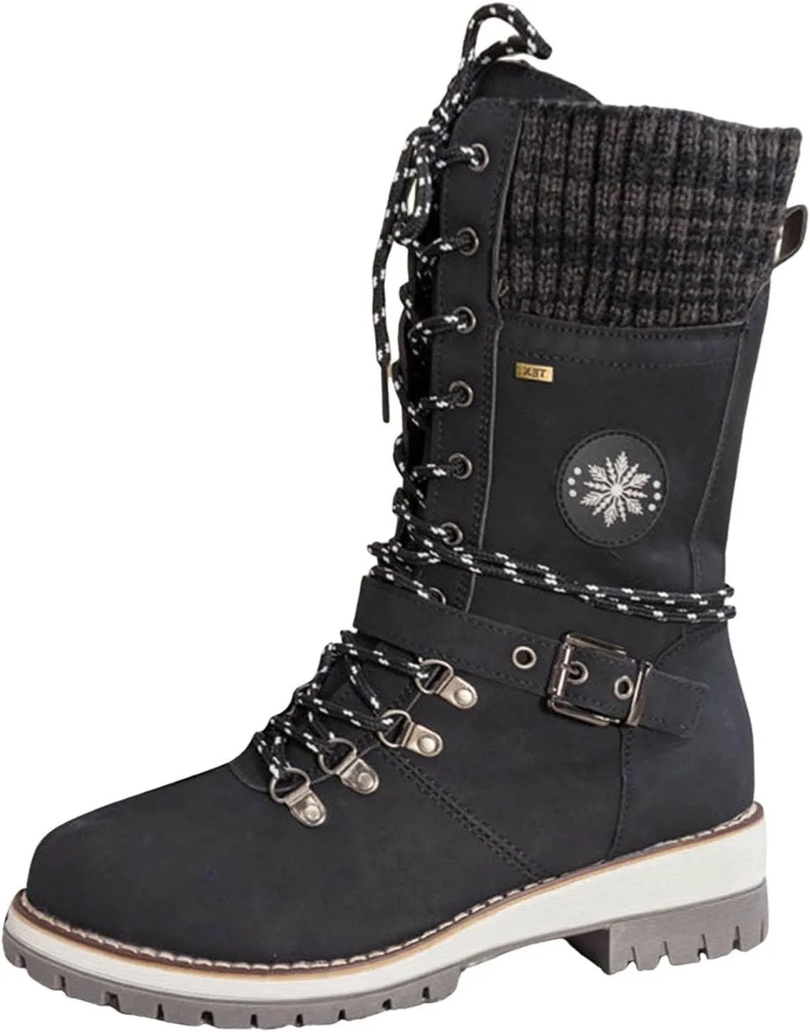 Women's Winter Warm Boots Fashion Belt Square Heel Snow Boots Lace Up Mid Tube Boots Wide Calf Boots for Women