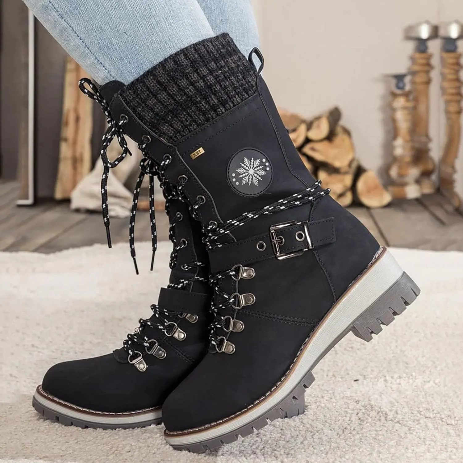 Women's Winter Warm Boots Fashion Belt Square Heel Snow Boots Lace Up Mid Tube Boots Wide Calf Boots for Women