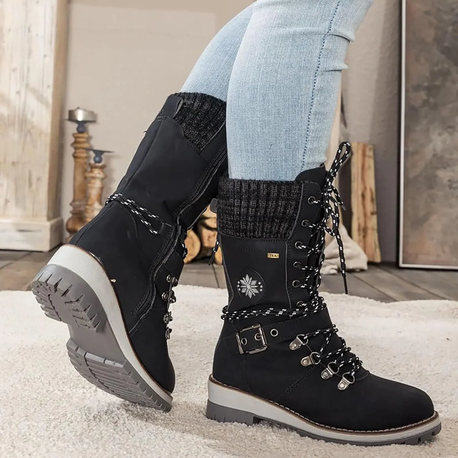 Women's Winter Warm Boots Fashion Belt Square Heel Snow Boots Lace Up Mid Tube Boots Wide Calf Boots for Women