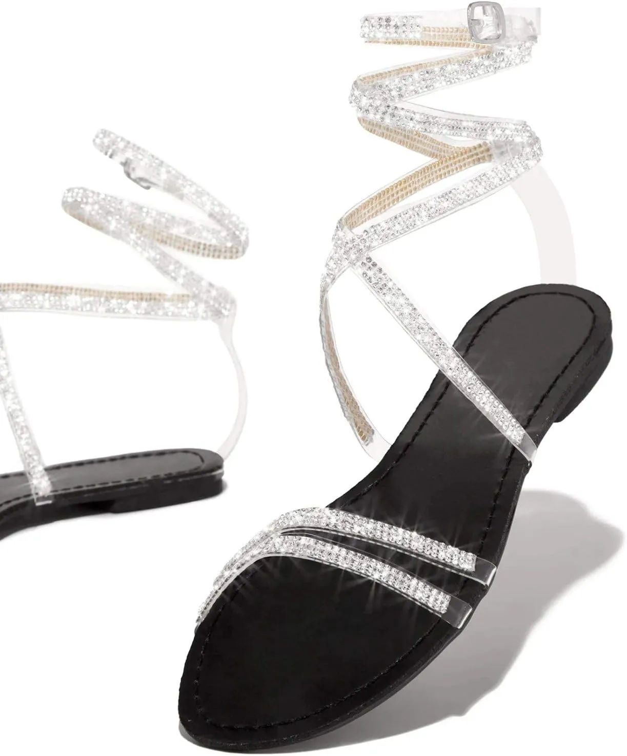 ZBYY Strappy Sandals for Women,Sparkling Rhinestone Roman Sandals Summer Open Toe Breathable Dressy Beach Sandals