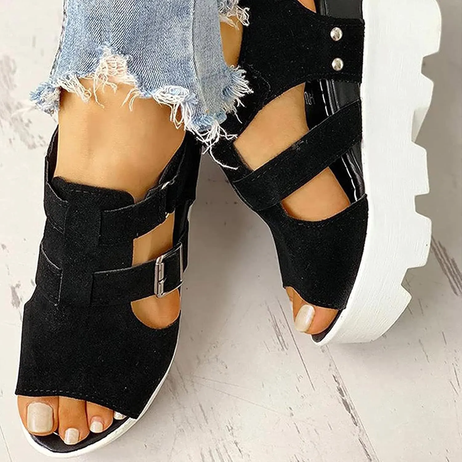 ZBYY Women Peep Toe Sandals Summer Fashion Block Heel Sandals Ankle Strap Buckle Slingback Platform Wedge Sandals