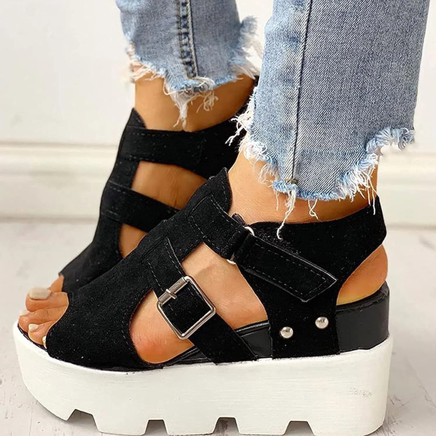 ZBYY Women Peep Toe Sandals Summer Fashion Block Heel Sandals Ankle Strap Buckle Slingback Platform Wedge Sandals