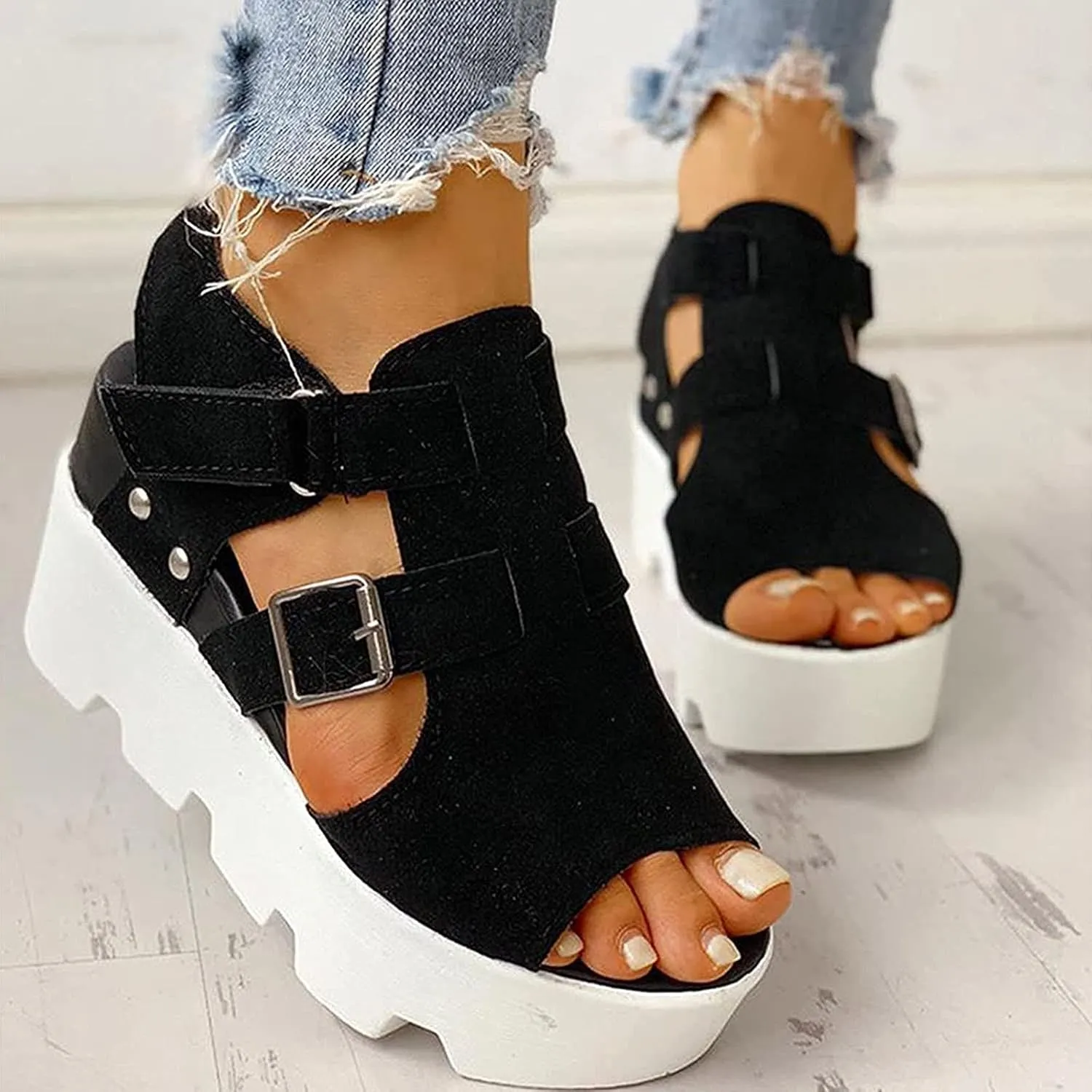 ZBYY Women Peep Toe Sandals Summer Fashion Block Heel Sandals Ankle Strap Buckle Slingback Platform Wedge Sandals