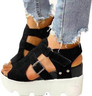 ZBYY Women Peep Toe Sandals Summer Fashion Block Heel Sandals Ankle Strap Buckle Slingback Platform Wedge Sandals