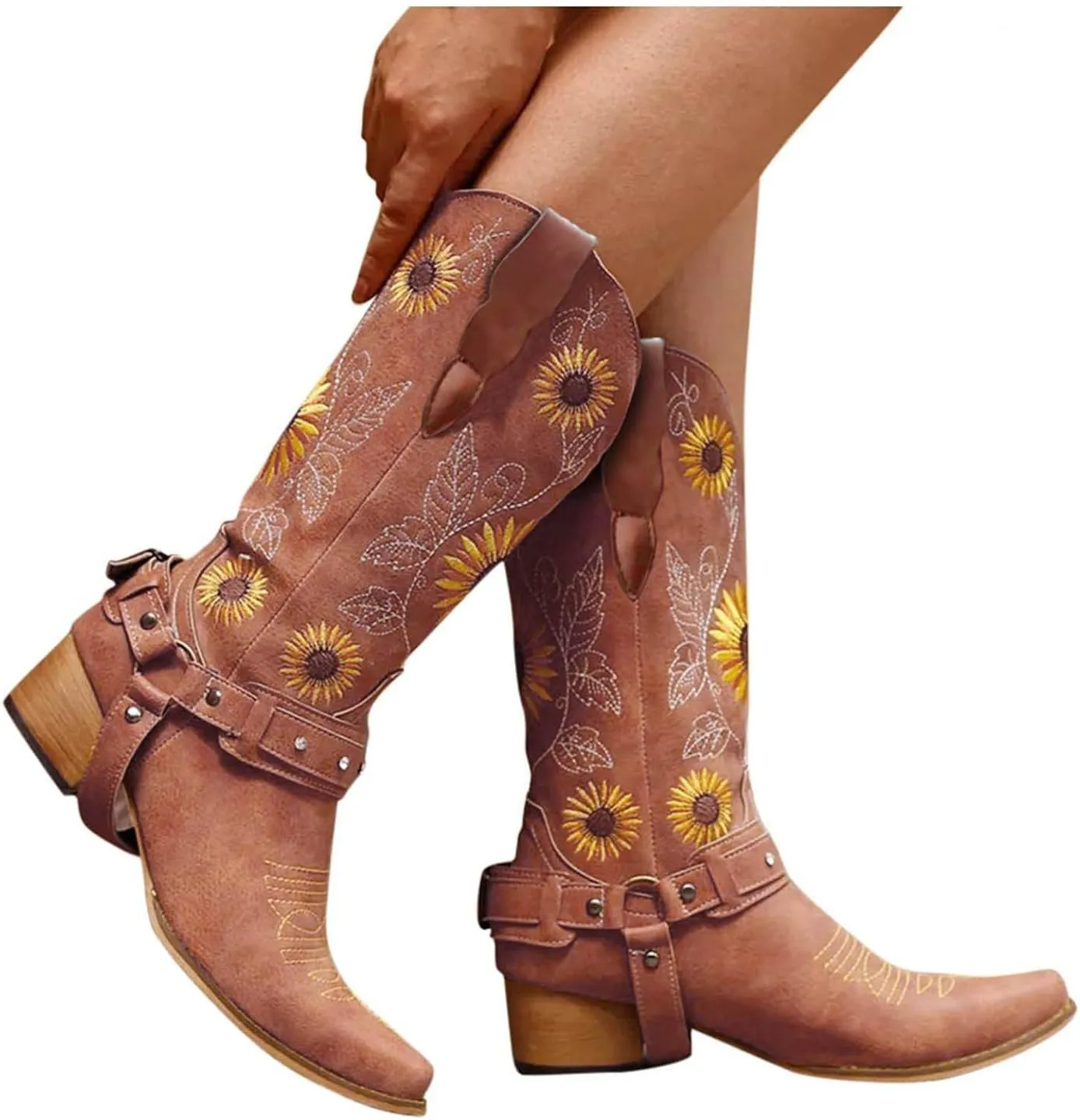 ZBYY Women Sunflower Embroidered Cowgirl Boots Square Toe Retro Western Boots Chunky Heels Pull On Mid Calf Booties