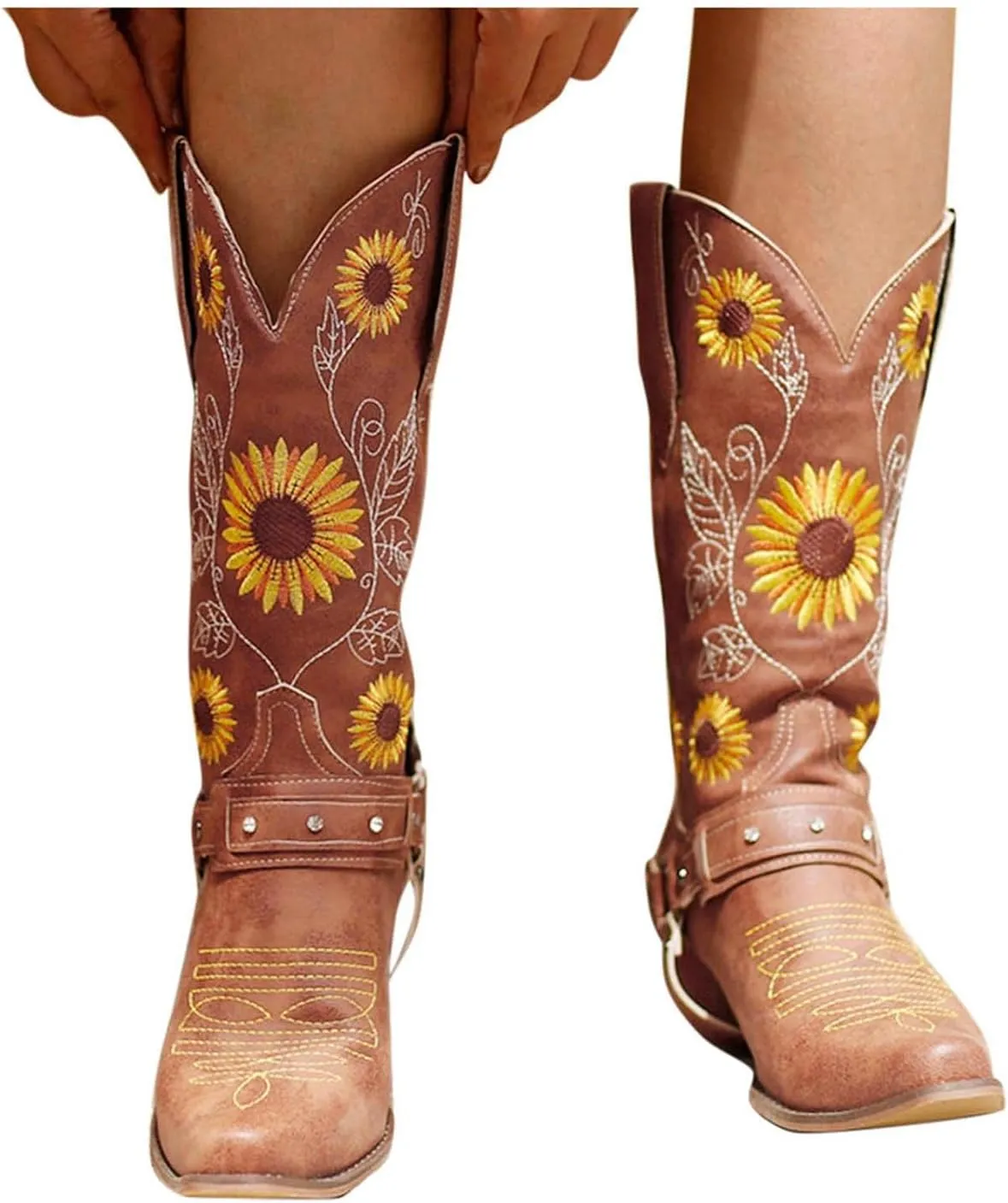 ZBYY Women Sunflower Embroidered Cowgirl Boots Square Toe Retro Western Boots Chunky Heels Pull On Mid Calf Booties