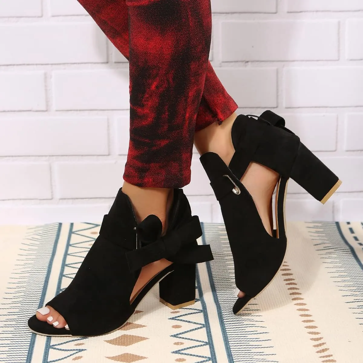 ZBYY Women's Cutout Peep Toe Stacked Heeled Sandals Chunky Heels Ankle Strap Buckle Dress Booties with Back Zipper