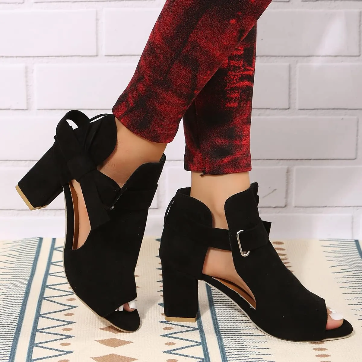 ZBYY Women's Cutout Peep Toe Stacked Heeled Sandals Chunky Heels Ankle Strap Buckle Dress Booties with Back Zipper
