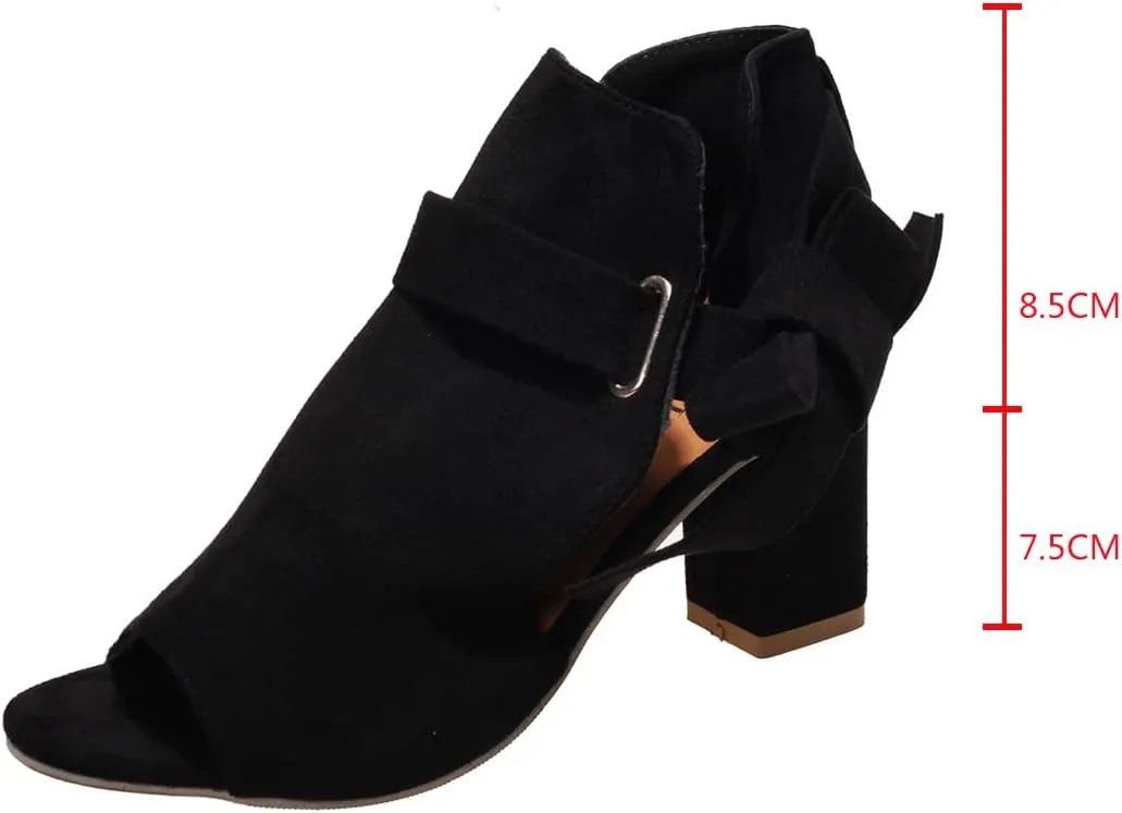 ZBYY Women's Cutout Peep Toe Stacked Heeled Sandals Chunky Heels Ankle Strap Buckle Dress Booties with Back Zipper