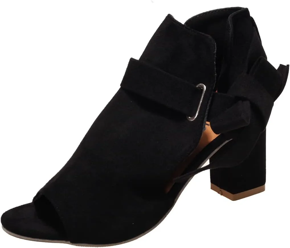 ZBYY Women's Cutout Peep Toe Stacked Heeled Sandals Chunky Heels Ankle Strap Buckle Dress Booties with Back Zipper