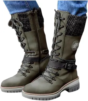 ZBYY Women's Riding Combat Boots,Lace up Mid Calf Military Knee High Booties Wide Calf Motorcycle Riding Winter Boots