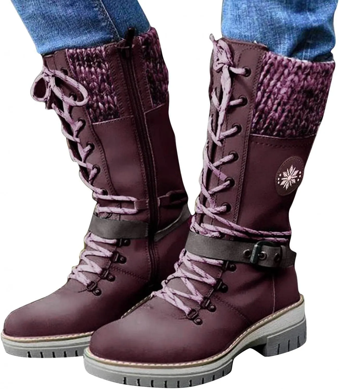 ZBYY Women's Riding Combat Boots,Lace up Mid Calf Military Knee High Booties Wide Calf Motorcycle Riding Winter Boots