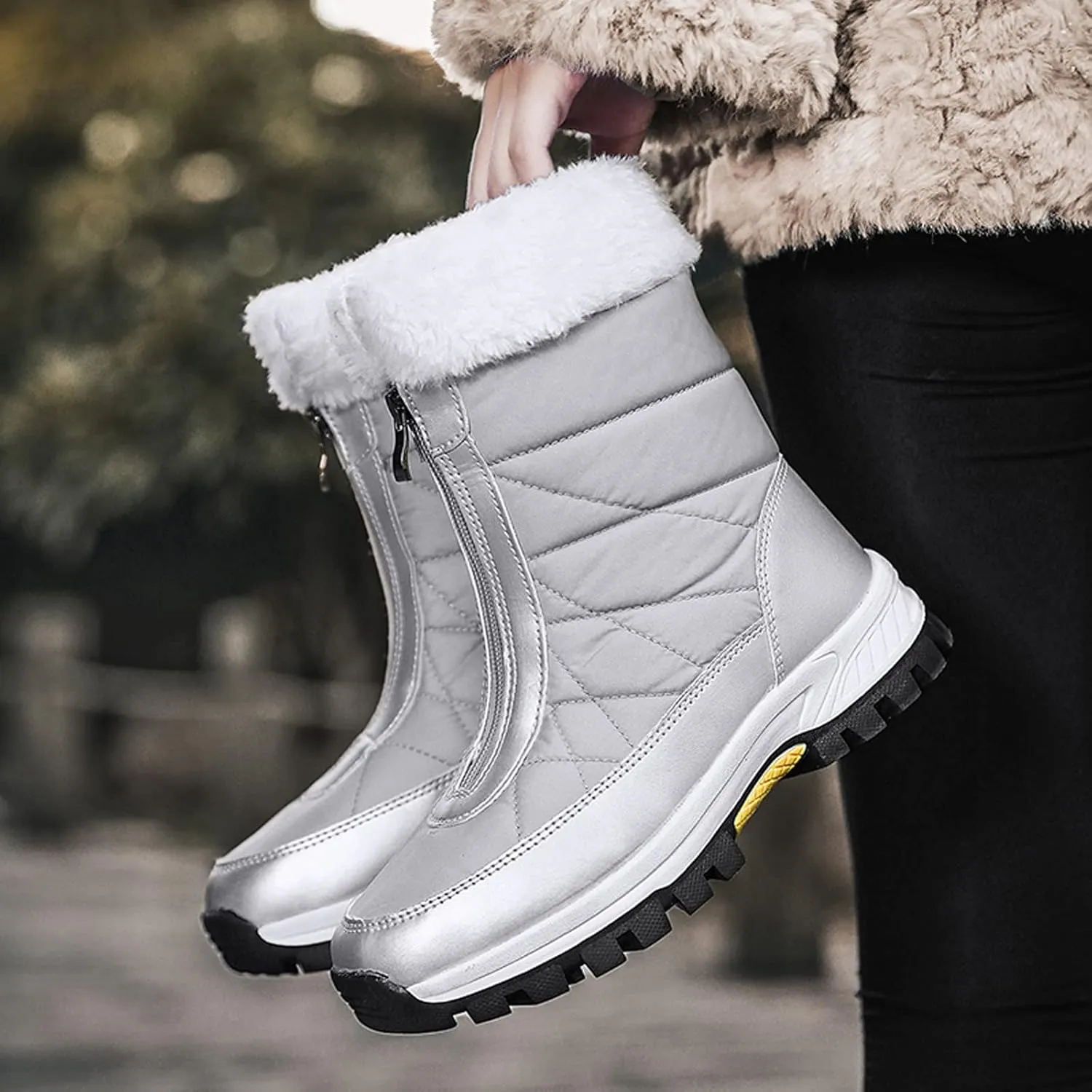 Zipper Mid Calf Snow Boots for Women Fleece Lined Warm Water Proof Boots Thick Bottom Non Slip Winter Snow Boots